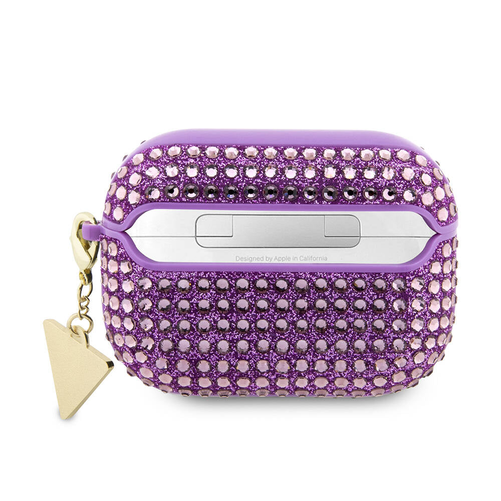 Apple Airpods Pro 2 Kılıf Guess Orjinal Lisanslı Parıltılı Taş Kaplamalı Üçgen Logo Süs Zincirli Kapak