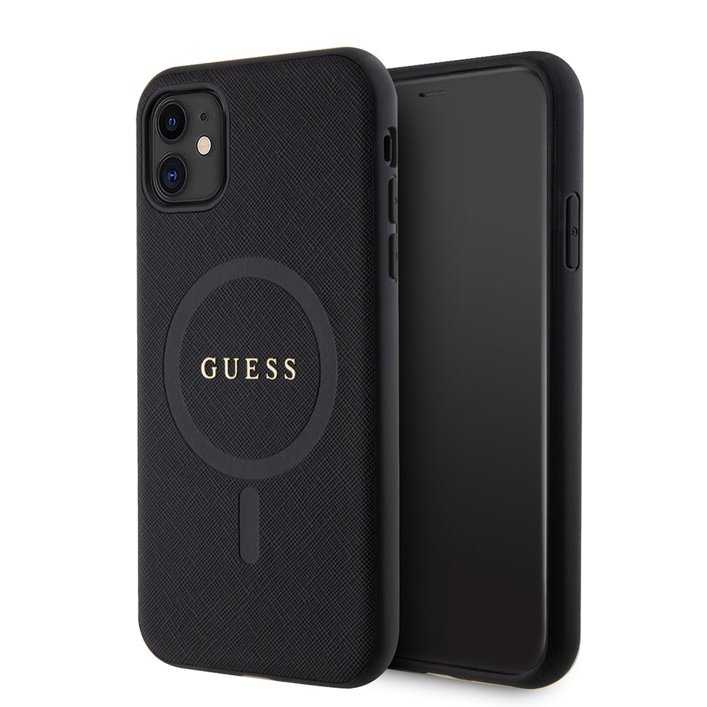 Apple iPhone 11 Kılıf Guess Orjinal Lisanslı M-safe Şarj Özellikli Yazı Logolu Saffiano Classic Kapak