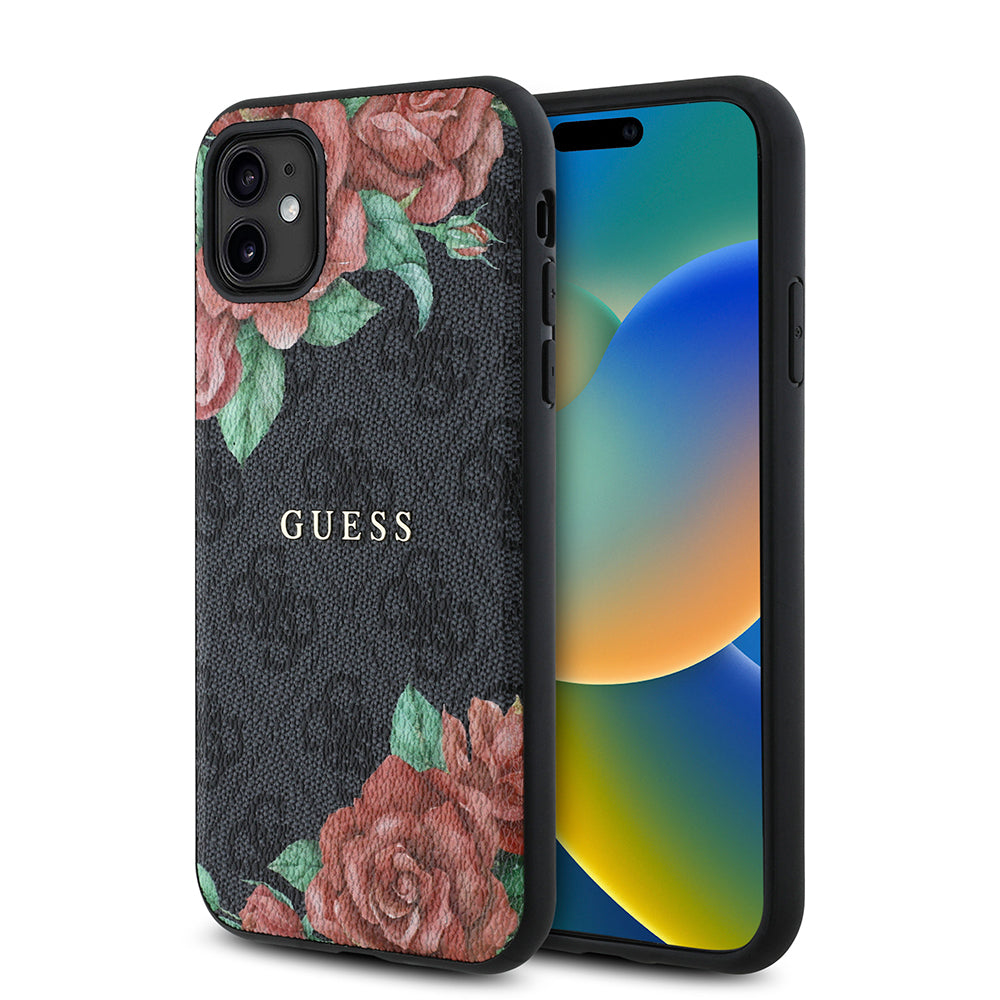 Apple iPhone 11 Kılıf Guess Orjinal Lisanslı M-safe Uyumlu Gül Baskılı 4G Desenli Yazı Logolu Kapak