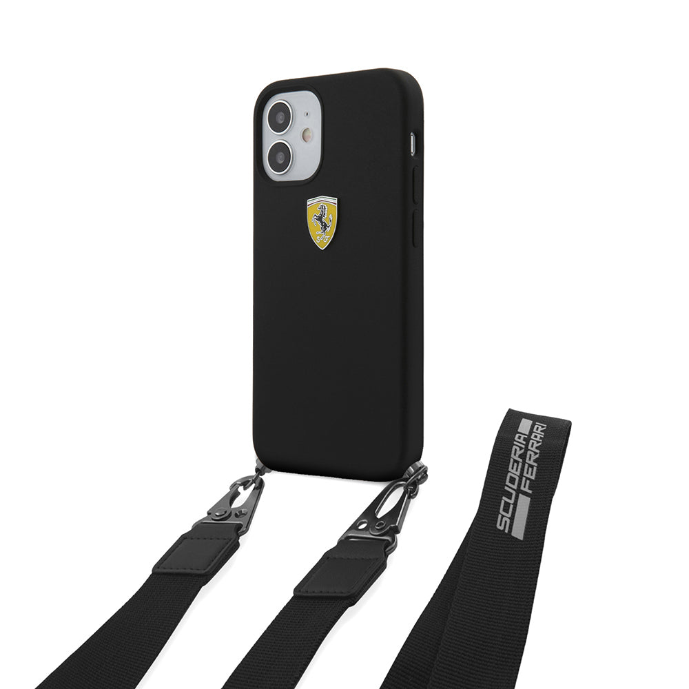 Apple iPhone 12 Kılıf Ferrari Orjinal Lisanslı Askılı Metal Logolu Kapak