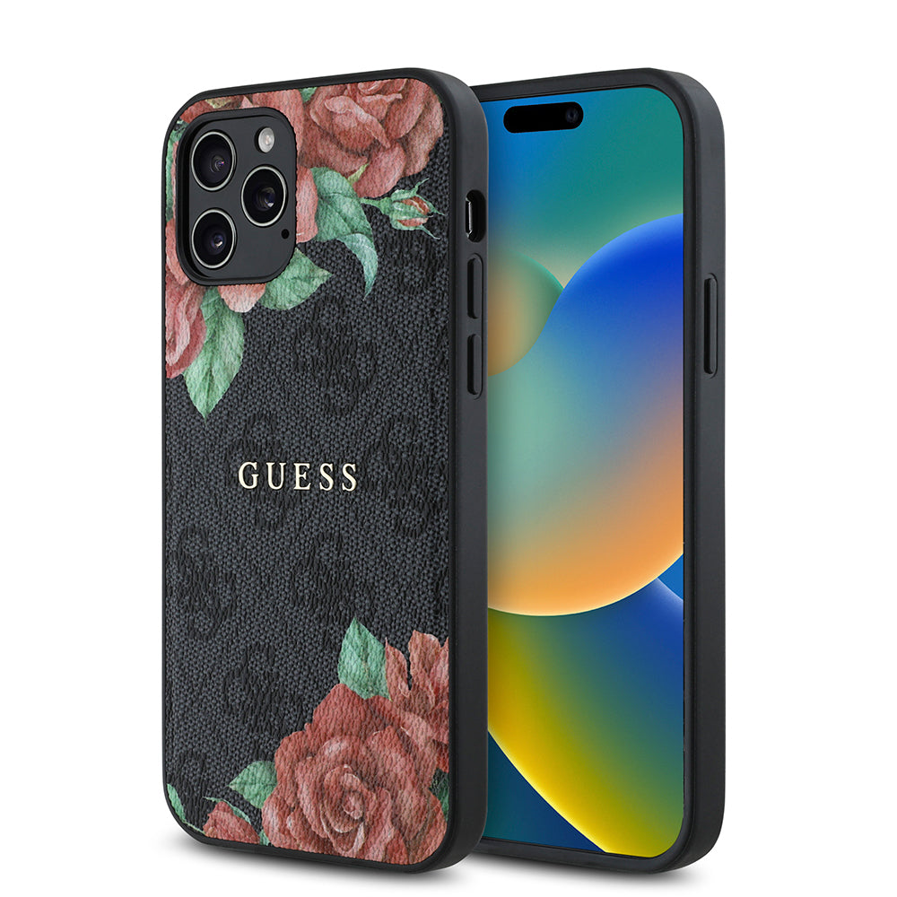 Apple iPhone 12 Pro Kılıf Guess Orjinal Lisanslı M-safe Şarj Özellikli Gül Baskılı 4G Desenli Yazı Logolu Kapak