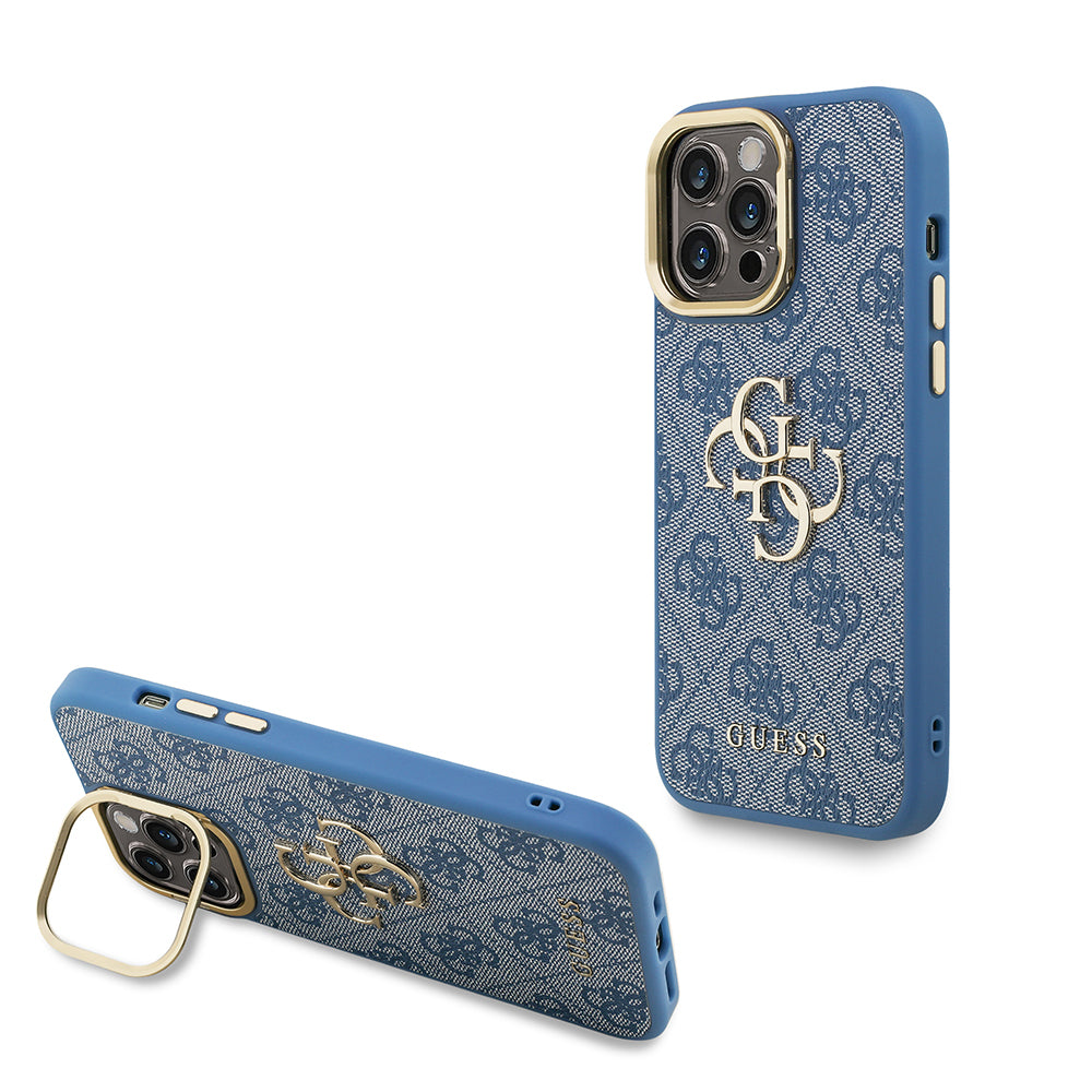 Apple iPhone 13 Pro Max Kılıf Guess Orjinal Lisanslı PU Deri 4G Desenli Metal Büyük 4G ve Yazı Logolu Kamera Standlı Kapak