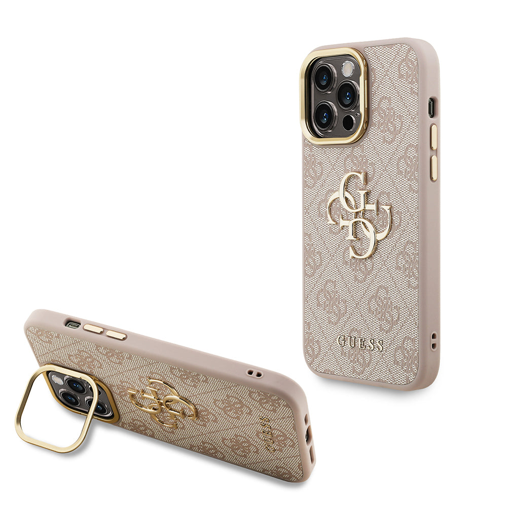 Apple iPhone 13 Pro Max Kılıf Guess Orjinal Lisanslı PU Deri 4G Desenli Metal Büyük 4G ve Yazı Logolu Kamera Standlı Kapak