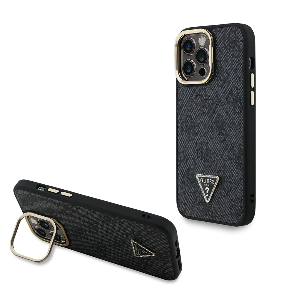 Apple iPhone 13 Pro Max Kılıf Guess Orjinal Lisanslı PU Deri Taşlı Üçgen Logo 4G Desenli Kamera Standlı Kapak