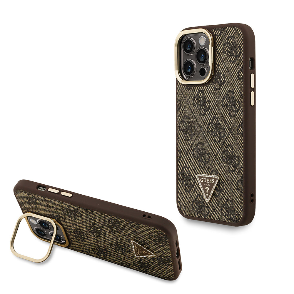 Apple iPhone 13 Pro Max Kılıf Guess Orjinal Lisanslı PU Deri Taşlı Üçgen Logo 4G Desenli Kamera Standlı Kapak