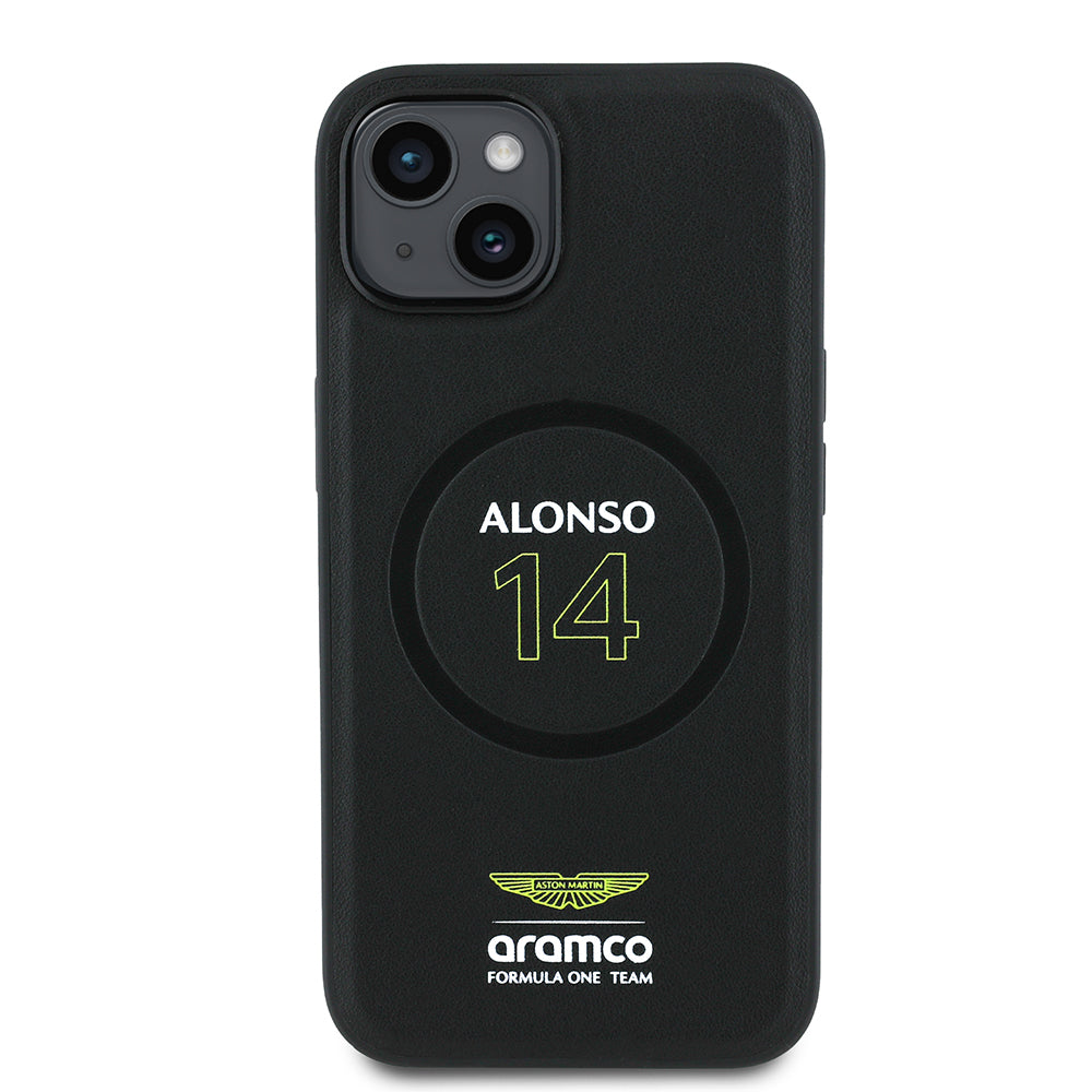 Apple iPhone 14 Kılıf Aston Martin Orjinal Lisanslı M-safe Şarj Özellikli PU Deri Alonso 14 Baskılı Kapak