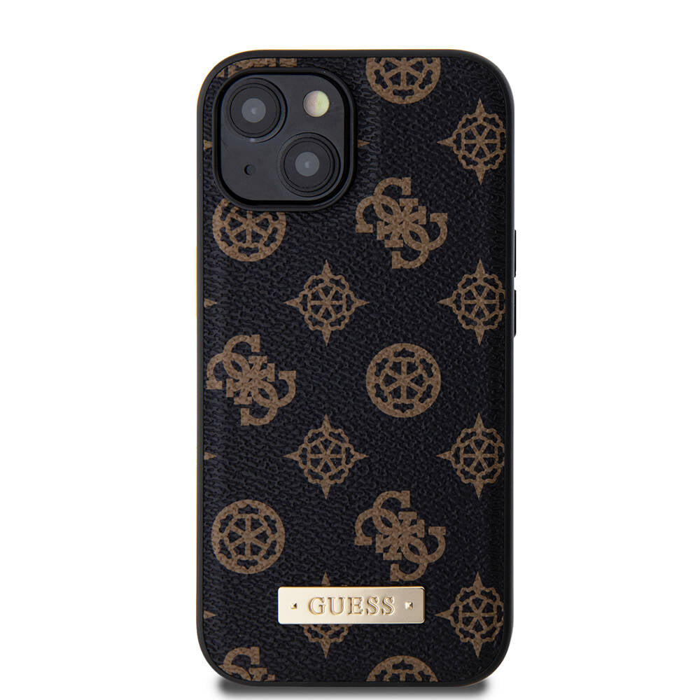 Apple iPhone 14 Kılıf Guess M-safe Şarj Özellikli PU Deri Desenli Metal Plaka Logolu Kapak