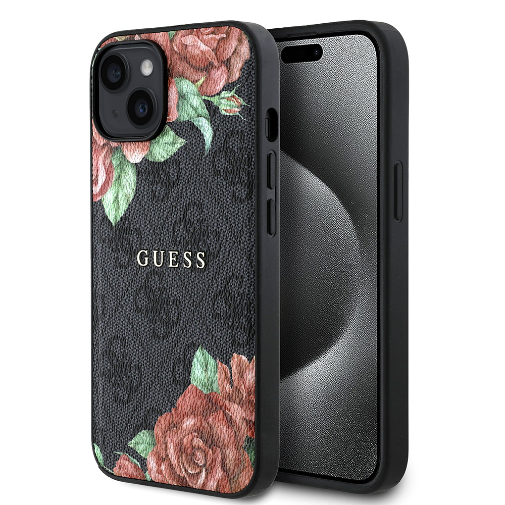 Apple iPhone 14 Kılıf Guess Orjinal Lisanslı M-safe Şarj Özellikli Gül Baskılı 4G Desenli Yazı Logolu Kapak