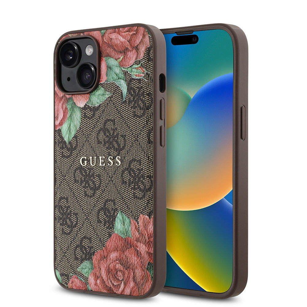 Apple iPhone 14 Kılıf Guess Orjinal Lisanslı M-safe Şarj Özellikli Gül Baskılı 4G Desenli Yazı Logolu Kapak