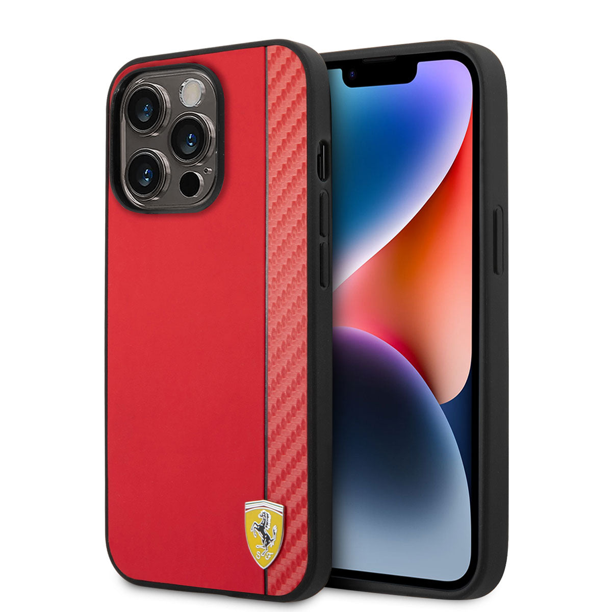 Apple iPhone 14 Pro Kılıf Ferrari M-safe Şarj Özellikli PU Deri Karbon Şeritli Dizayn Kapak