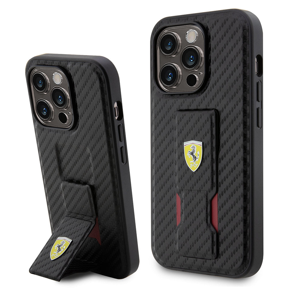 Apple iPhone 14 Pro Kılıf Ferrari Orjinal Lisanlı Klasik Metal Logolu Delikli Standlı Karbon Kapak