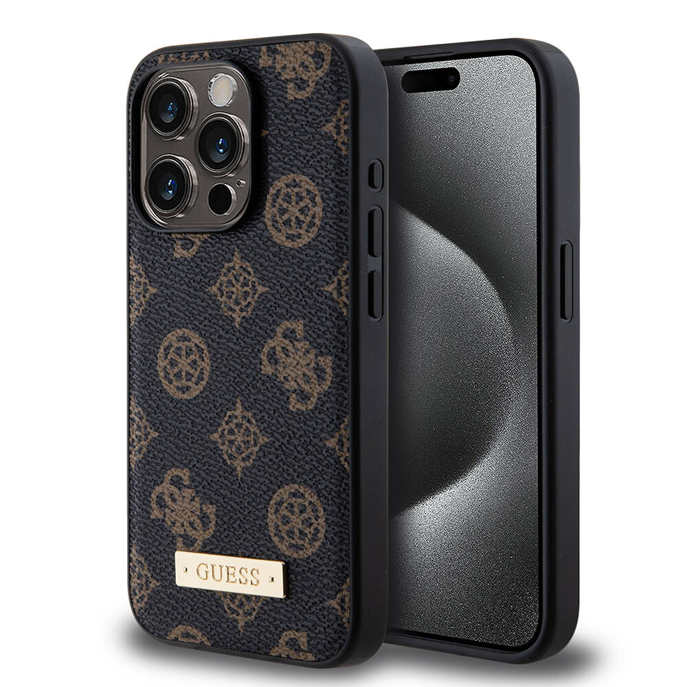 Apple iPhone 14 Pro Kılıf Guess M-safe Şarj Özellikli PU Deri Desenli Metal Plaka Logolu Kapak
