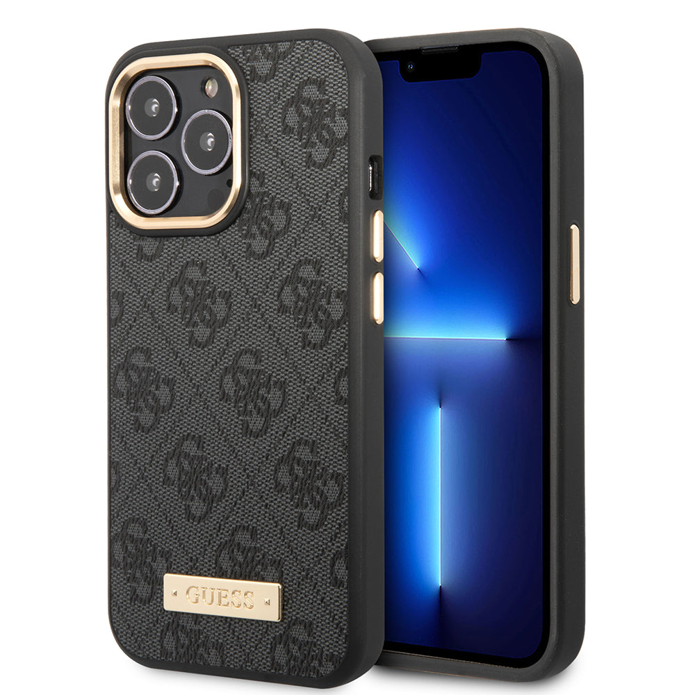 Apple iPhone 14 Pro Max Kılıf Guess Orjinal Lisanslı M-safe Şarj Özellikli 4G Desenli PU Metal Plaka Klasik Logolu Kapak