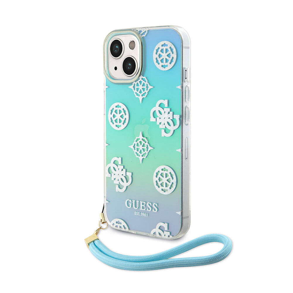 Apple iPhone 15 Kılıf Guess Orjinal Lisanslı Desenli Yazı Logolu Askı İpli Holografik Glitter Peony Kapak