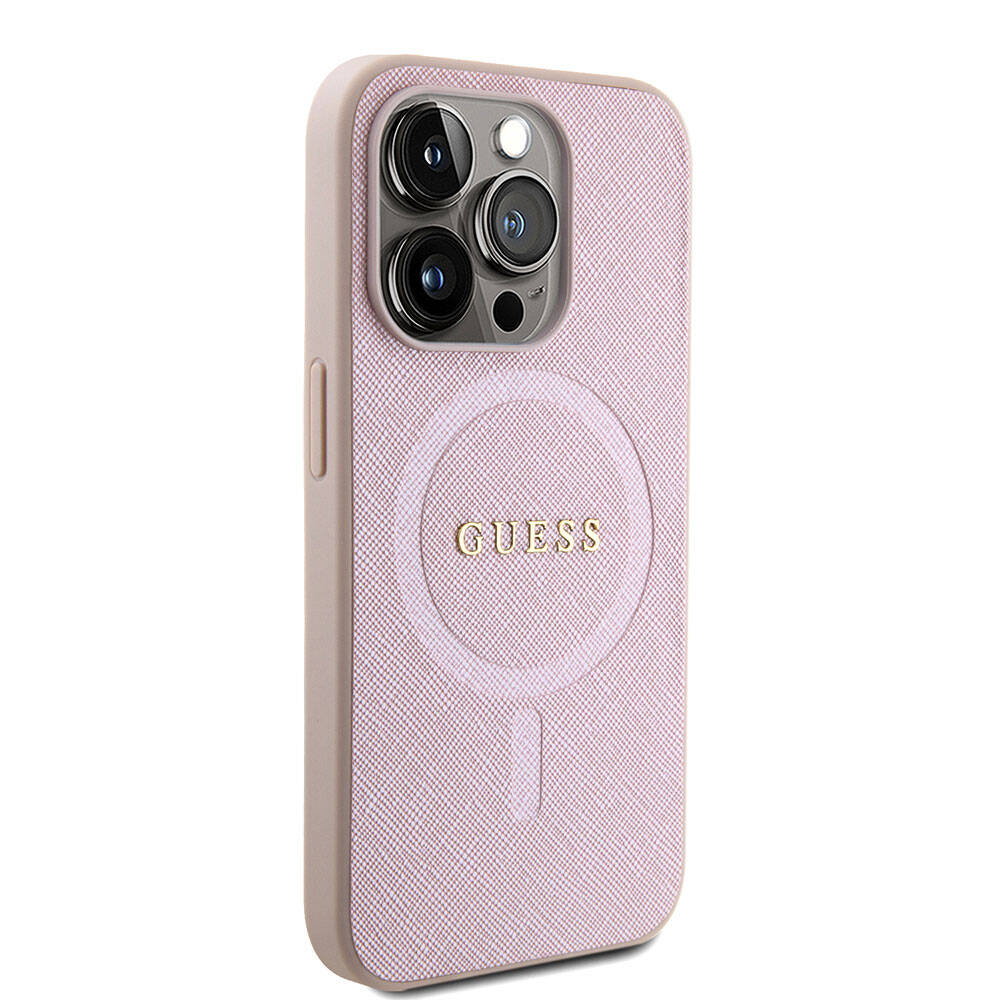 Apple iPhone 15 Kılıf Guess Orjinal Lisanslı M-safe Şarj Özellikli Yazı Logolu Saffiano Kapak
