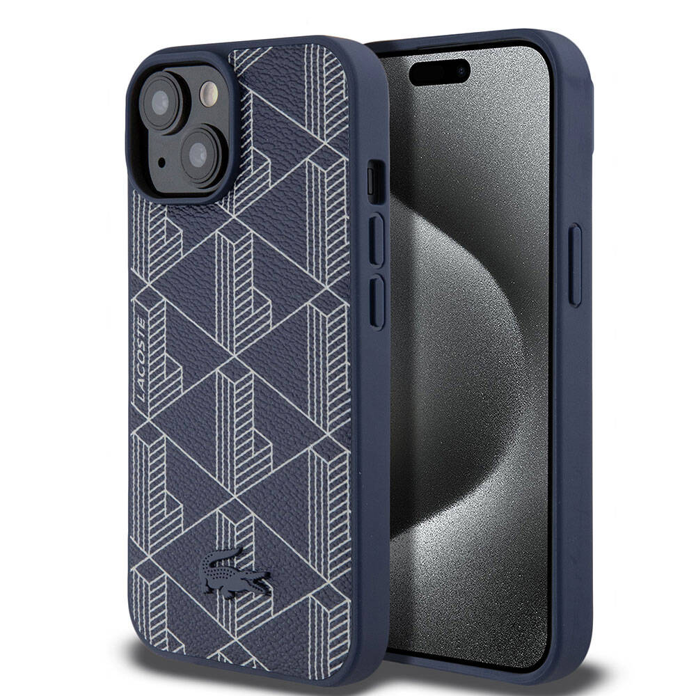 Apple iPhone 15 Kılıf Lacoste Orjinal Lisanslı M-safe Şarj Özellikli PU Deri Görünümlü Karışık Monogram Desenli Kapak