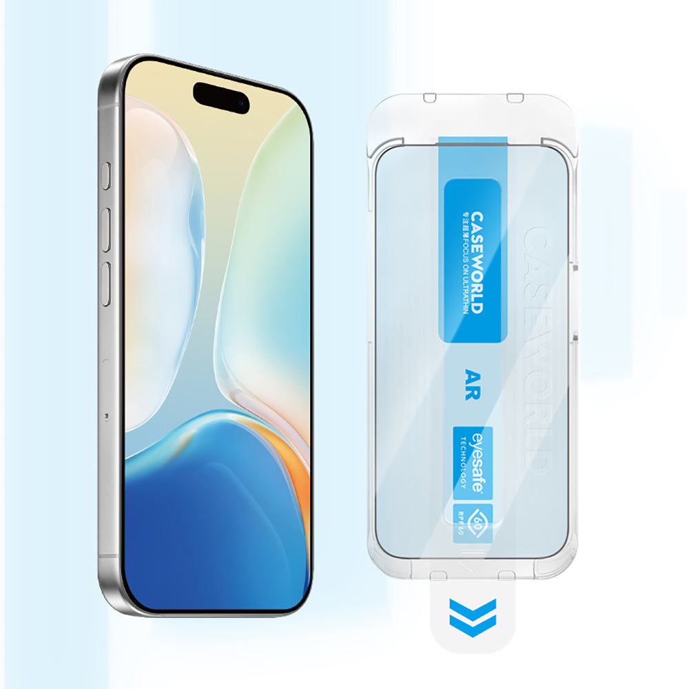Apple iPhone 15 Pro CaseWorld Applicator Serisi 2.5D Eyesafe Mavi Işık Teknolojili Safir 0.33mm Temperli Cam Ekran Koruyucu + Uygulama Aparatı