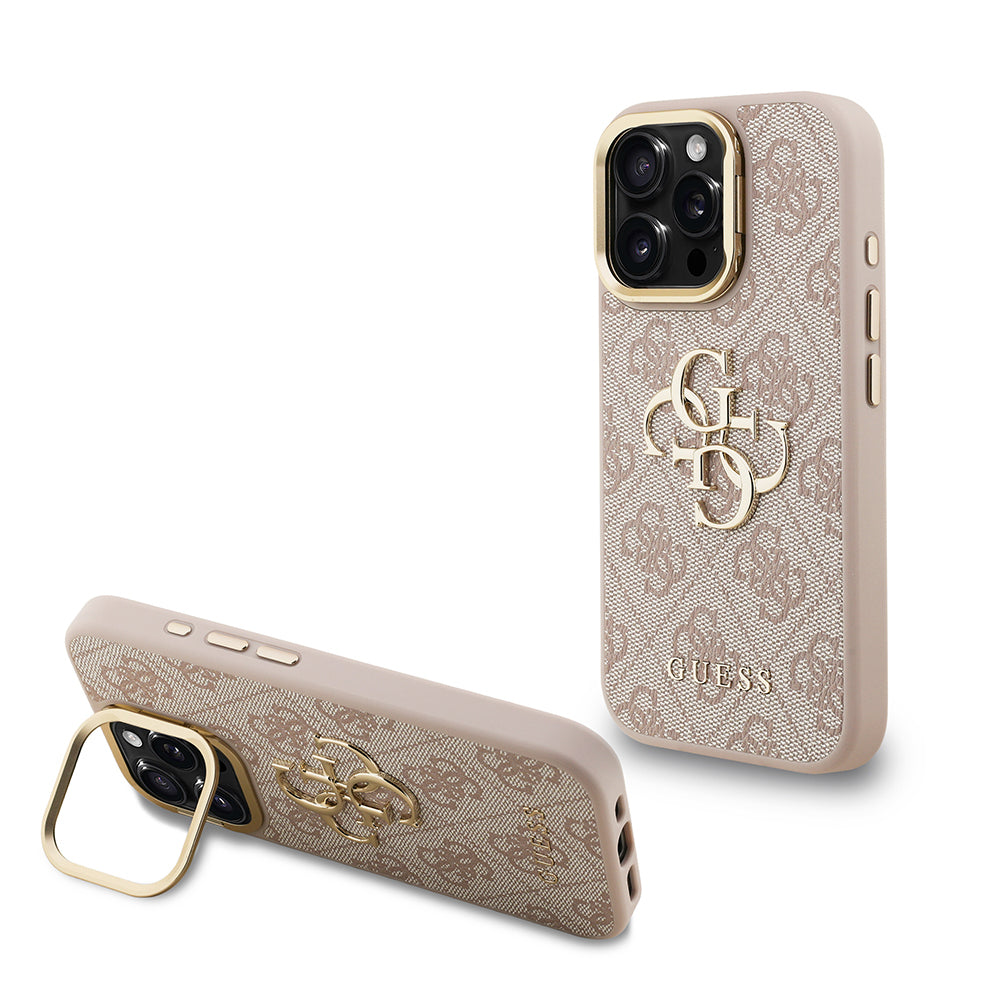 Apple iPhone 15 Pro Kılıf Guess Orjinal Lisanslı PU Deri 4G Desenli Metal Büyük 4G ve Yazı Logolu Kamera Standlı Kapak