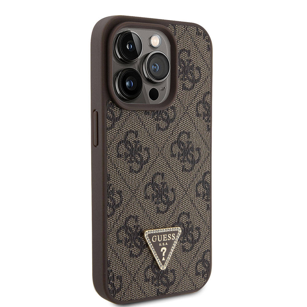 Apple iPhone 15 Pro Kılıf Guess Orjinal Lisanslı PU Deri Askılı Taşlı Üçgen Logo 4G Desenli Strass Crossbody Kapak