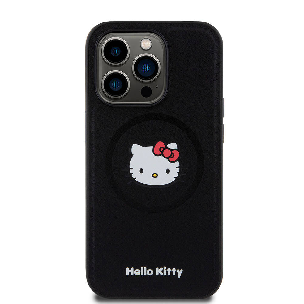 Apple iPhone 15 Pro Kılıf Hello Kitty Orjinal Lisanslı M-safe Şarj Özellikli Kitty Head Deri Kapak
