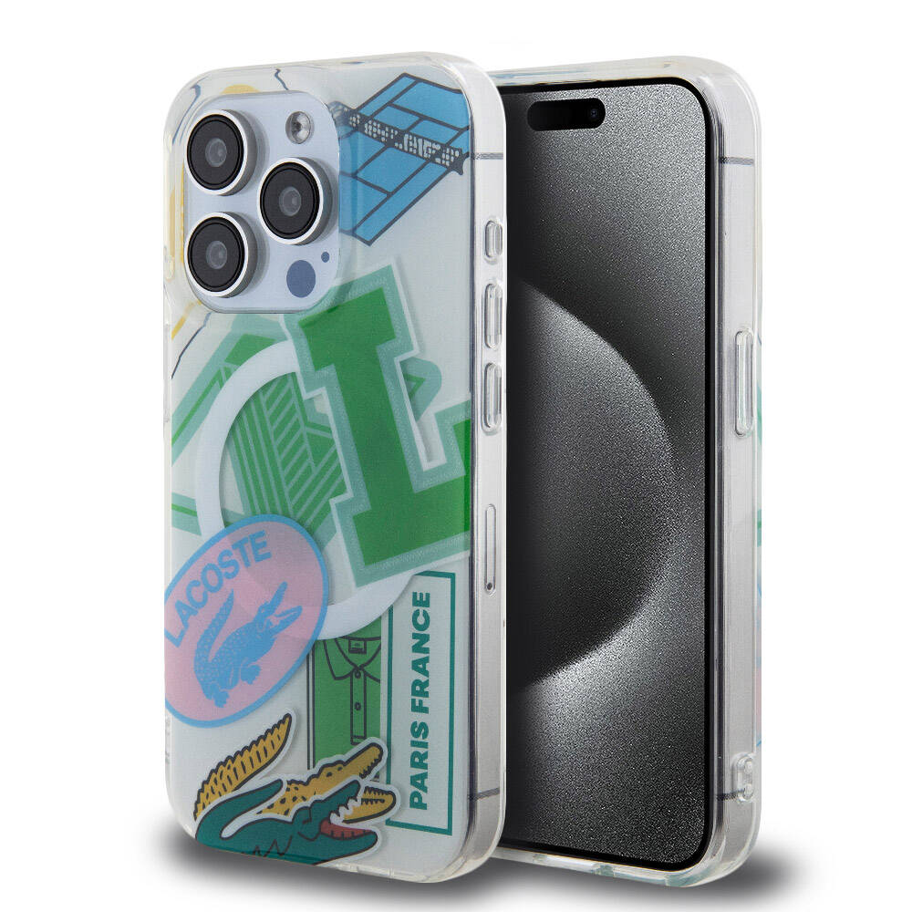 Apple iPhone 15 Pro Kılıf Lacoste Orjinal Lisanslı M-safe Şarj Özellikli Çift Katmanlı Yamalar Desenli Kapak