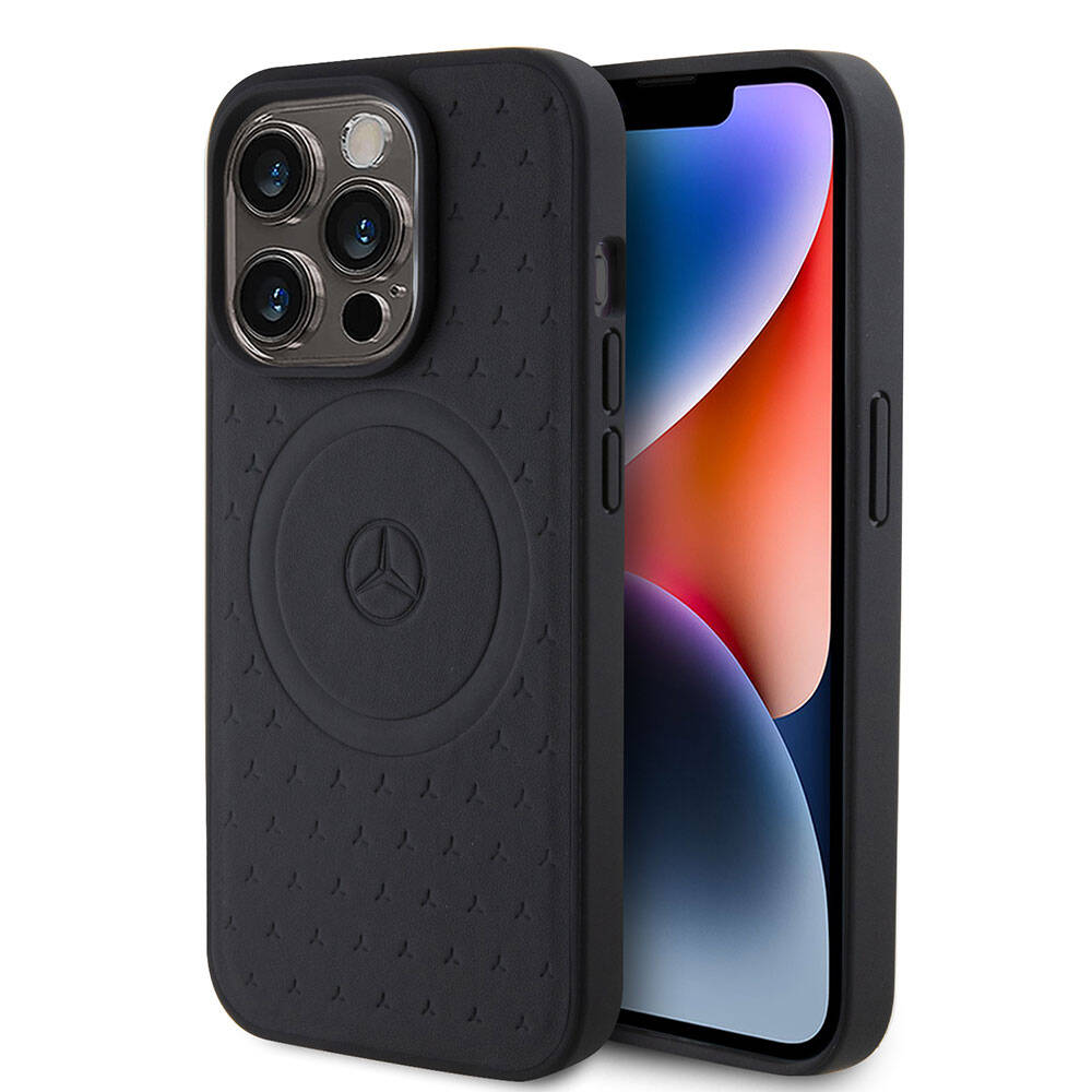 Apple iPhone 15 Pro Kılıf Mercedes Benz Orjinal Lisanslı M-safe Şarj Özellikli Mühürlü Yıldız Desenli ve Logolu Deri Kapak