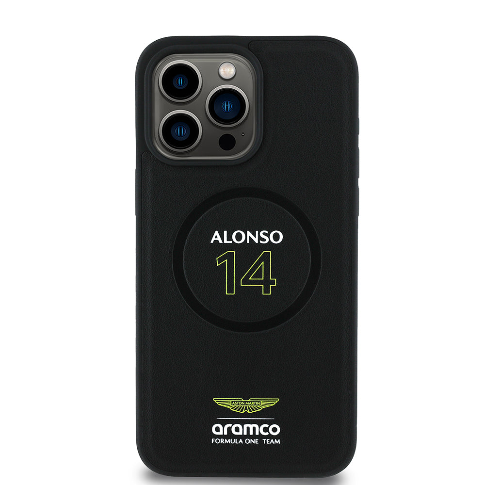 Apple iPhone 15 Pro Max Kılıf Aston Martin Orjinal Lisanslı M-safe Şarj Özellikli PU Deri Alonso 14 Baskılı Kapak