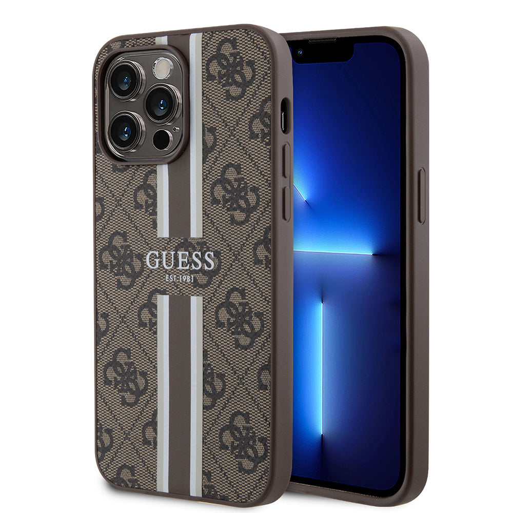 Apple iPhone 15 Pro Max Kılıf Guess Orjinal Lisanslı M-safe Şarj Özellikli 4G Şerit Tasarımlı Printed Kapak