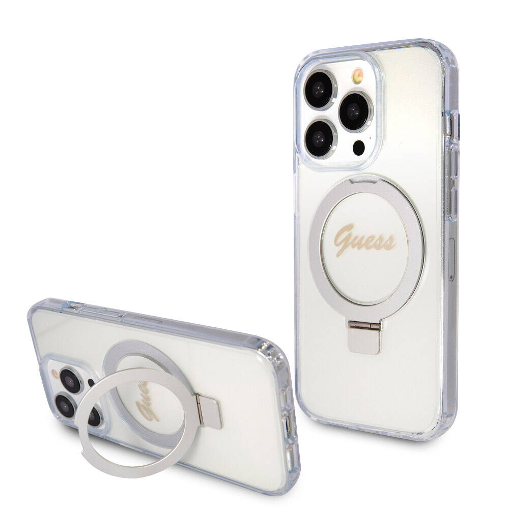 Apple iPhone 15 Pro Max Kılıf Guess Orjinal Lisanslı M-safe Şarj Özellikli Simli Arka Yüzey Ring Standlı Kapak