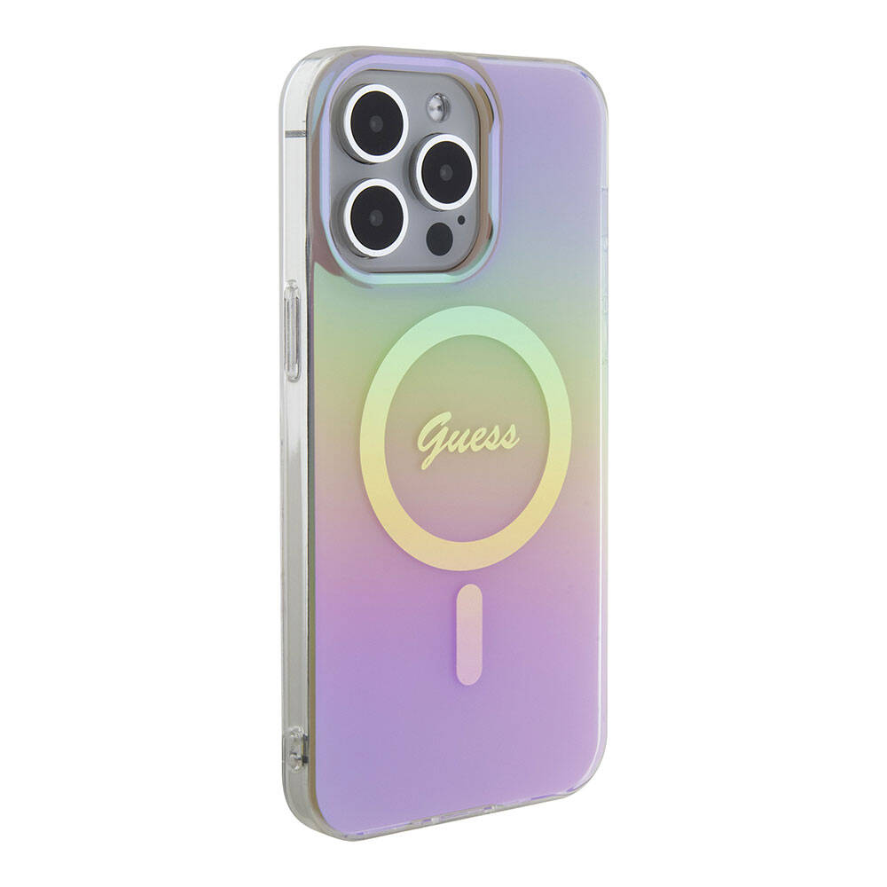 Apple iPhone 15 Pro Max Kılıf Guess Orjinal Lisanslı M-safe Şarj Özellikli Yazı Logolu Iridescent Kapak