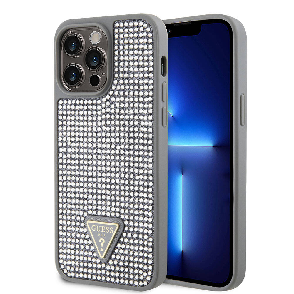 Apple iPhone 15 Pro Max Kılıf Guess Orjinal Lisanslı Taşlı Arka Yüzey Üçgen Logolu Kapak