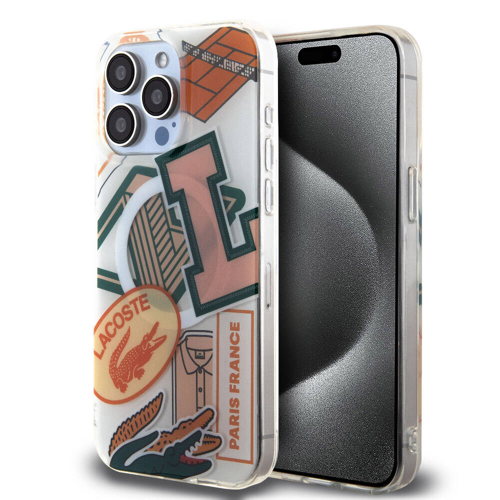 Apple iPhone 15 Pro Max Kılıf Lacoste Orjinal Lisanslı M-safe Şarj Özellikli Çift Katmanlı Yamalar Desenli Kapak
