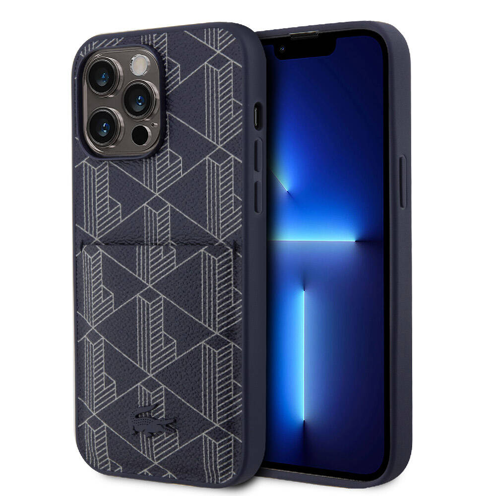 Apple iPhone 15 Pro Max Kılıf Lacoste Orjinal Lisanslı M-safe Şarj Özellikli PU Deri Görünümlü Kartlıklı Karışık Monogram Desenli Kapak