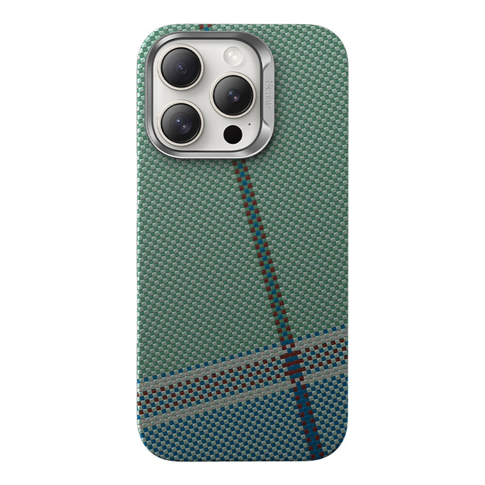 Apple iPhone 15 Pro Max Kılıf M-safe Şarj Özellikli Karbon Fiber Tasarımlı Benks Passion Green ArmorAir Kevlar Kapak