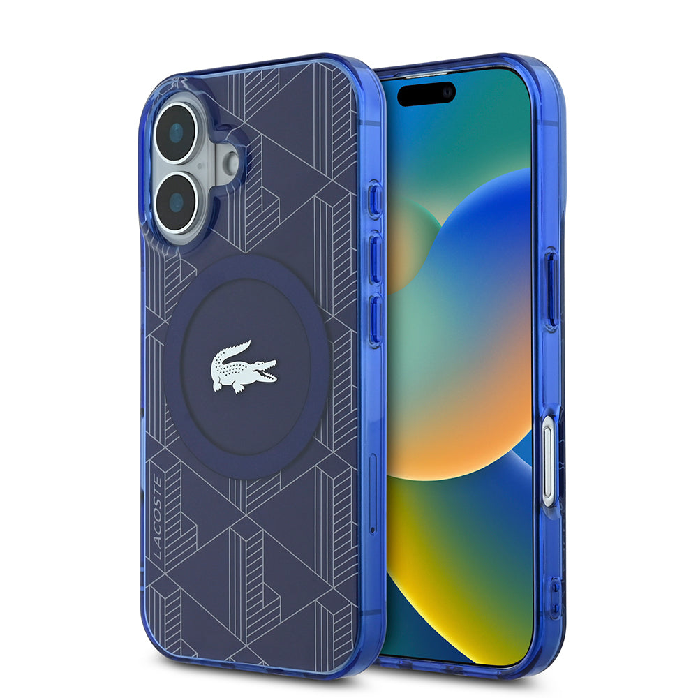 Apple iPhone 16 Kılıf Lacoste Orjinal Lisanslı M-safe Şarj Özellikli IML Baskılı Gümüş Timsah Logolu Monogram Kapak