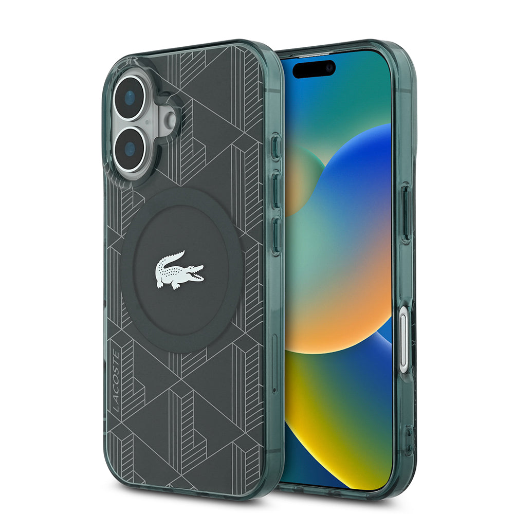 Apple iPhone 16 Kılıf Lacoste Orjinal Lisanslı M-safe Şarj Özellikli IML Baskılı Gümüş Timsah Logolu Monogram Kapak