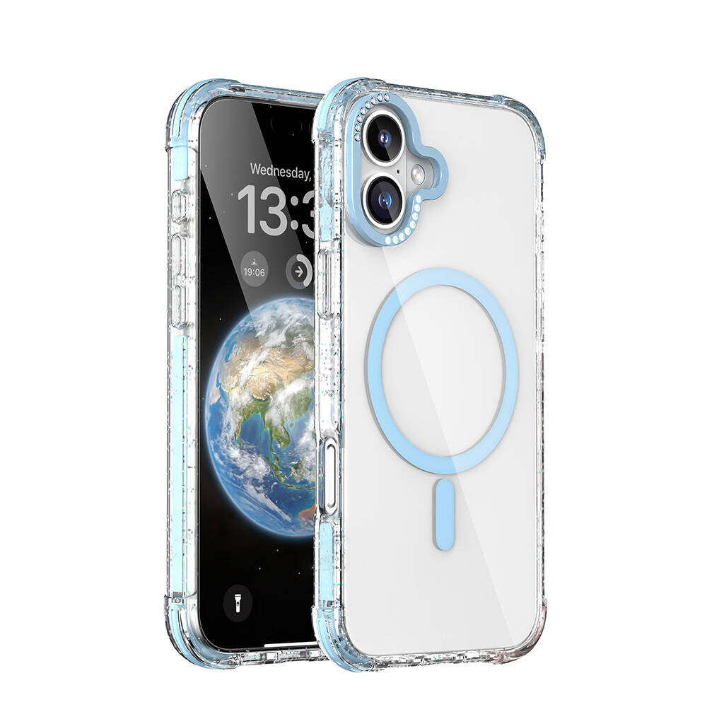 Apple iPhone 16 Kılıf M-safe Şarj Özellikli Taşlı ve Simli Tasarım Mutural Blink Kapak