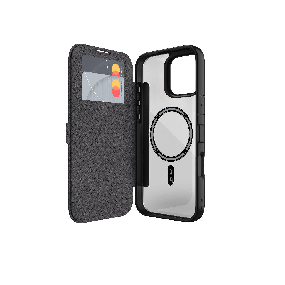 Apple iPhone 16 Kılıf M-safe Şarj Özellikli Vegan Deri Tasarımlı Şeffaf Arka Yüzey Kartlıklı Raptic Urban Folio Serisi Kapak