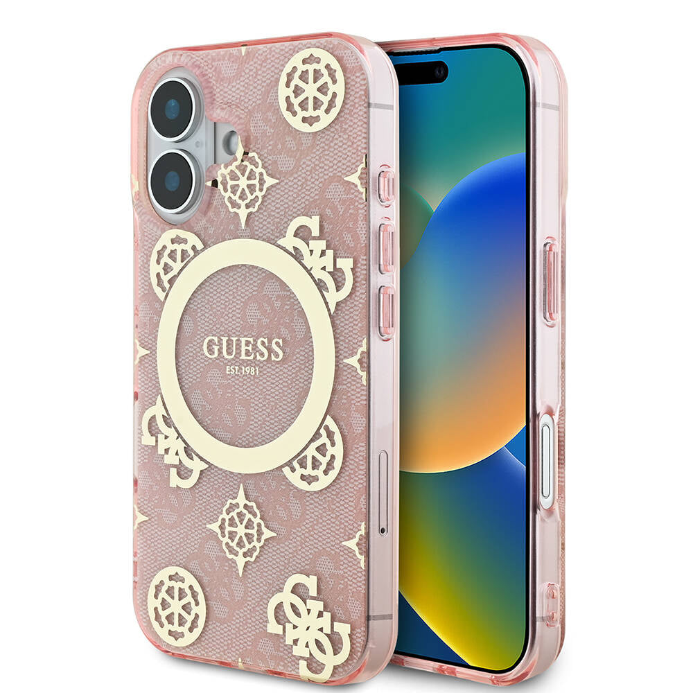 Apple iPhone 16 Plus Kılıf Guess Orjinal Lisanslı M-safe Şarj Özellikli 4G Desenli IML Yazı Logolu Peony Kapak