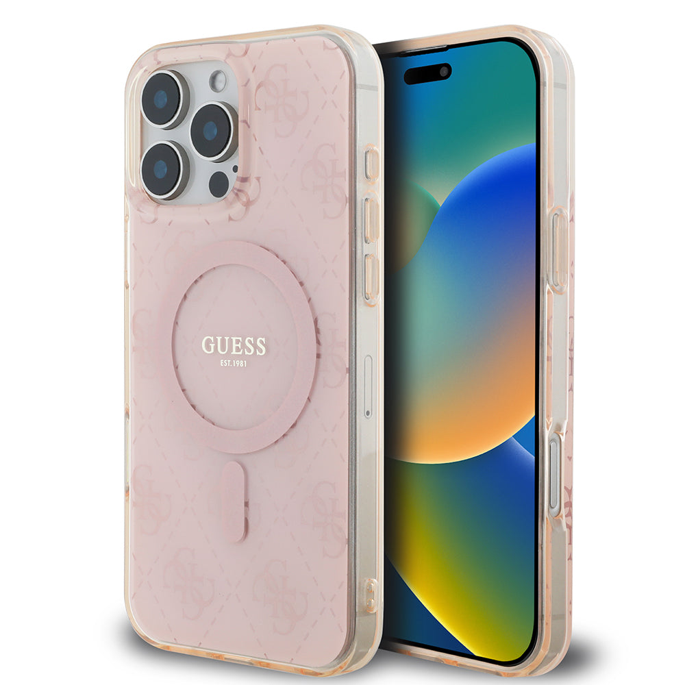 Apple iPhone 16 Pro Kılıf Guess Orjinal Lisanslı M-safe Şarj Özellikli IML Baskılı Klasik Logolu 4G Desenli Kapak