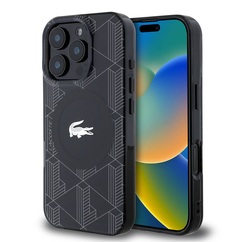 Apple iPhone 16 Pro Kılıf Lacoste Orjinal Lisanslı M-safe Şarj Özellikli IML Baskılı Gümüş Timsah Logolu Monogram Kapak