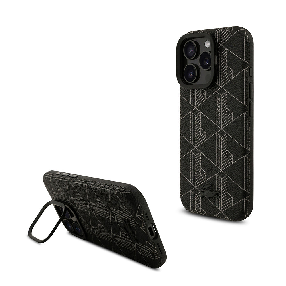 Apple iPhone 16 Pro Max Kılıf Lacoste Orjinal Lisanslı M-safe Şarj Özellikli Standlı PU Deri Karışık Monogram Desenli Kapak