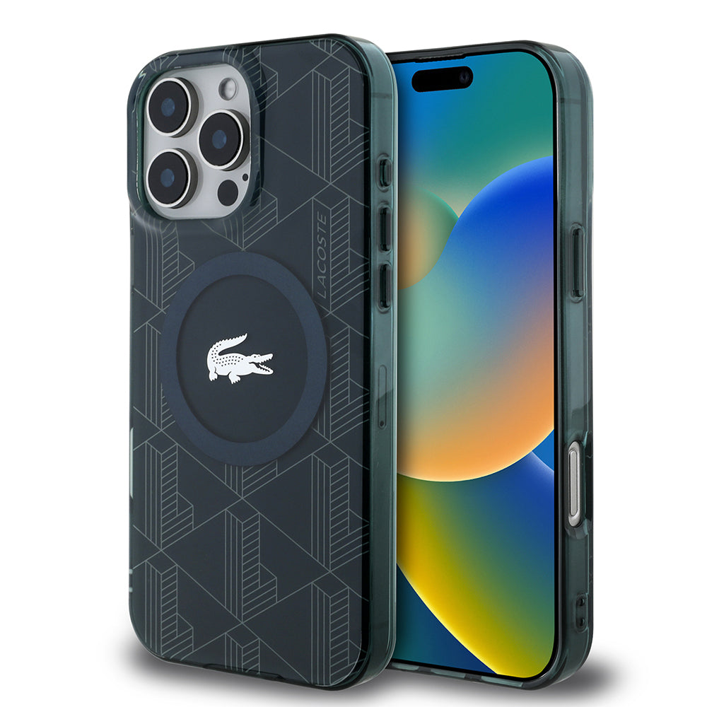 Apple iPhone 16 Pro Max Kılıf Lacoste Orjinal Lisanslı M-safe Şarj Özellikli IML Baskılı Gümüş Timsah Logolu Monogram Kapak