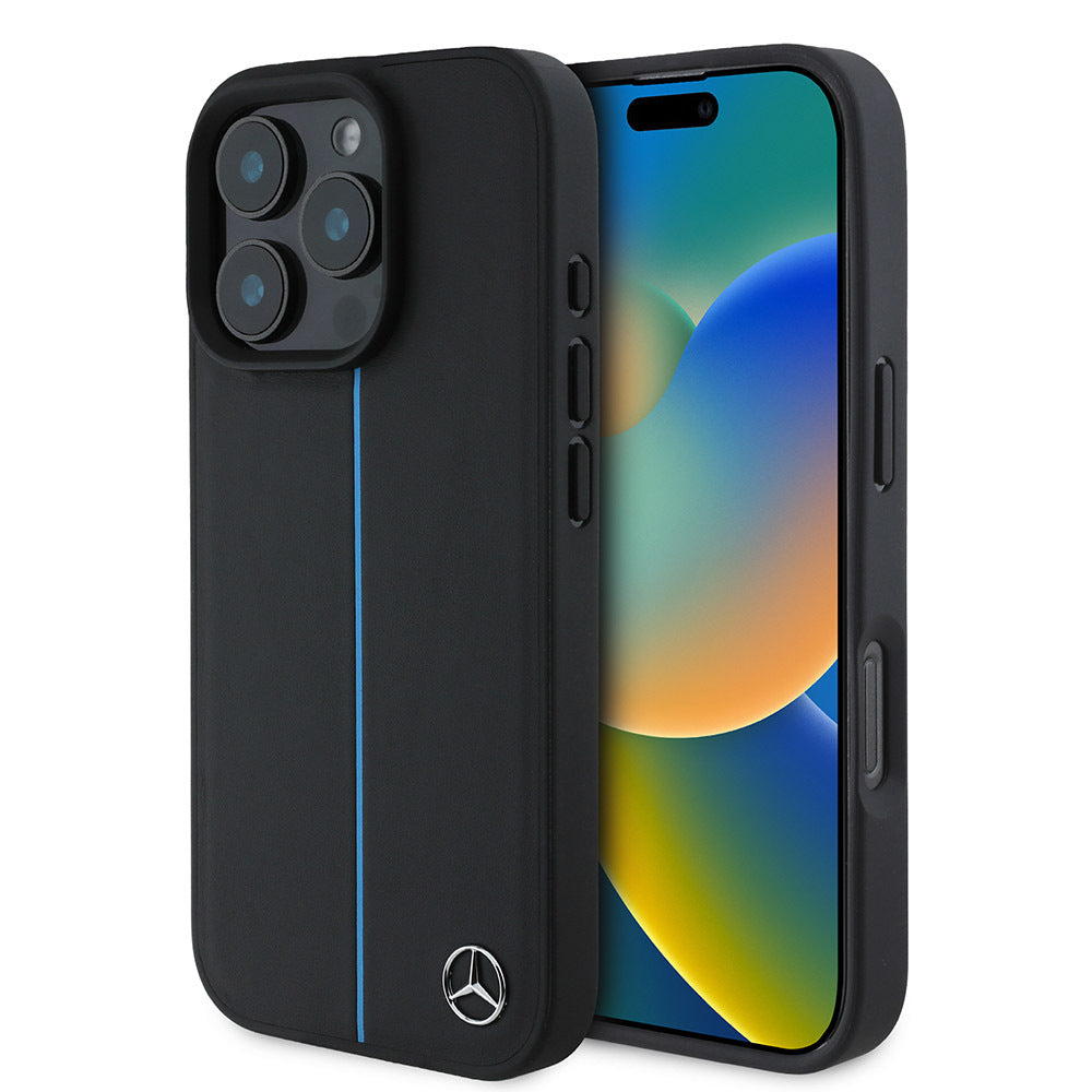 Apple iPhone 16 Pro Max Kılıf Mercedes Benz Orjinal Lisanslı M-safe Şarj Özellikli Metal Yıldız Logolu Mavi Çizgili Deri Kapak