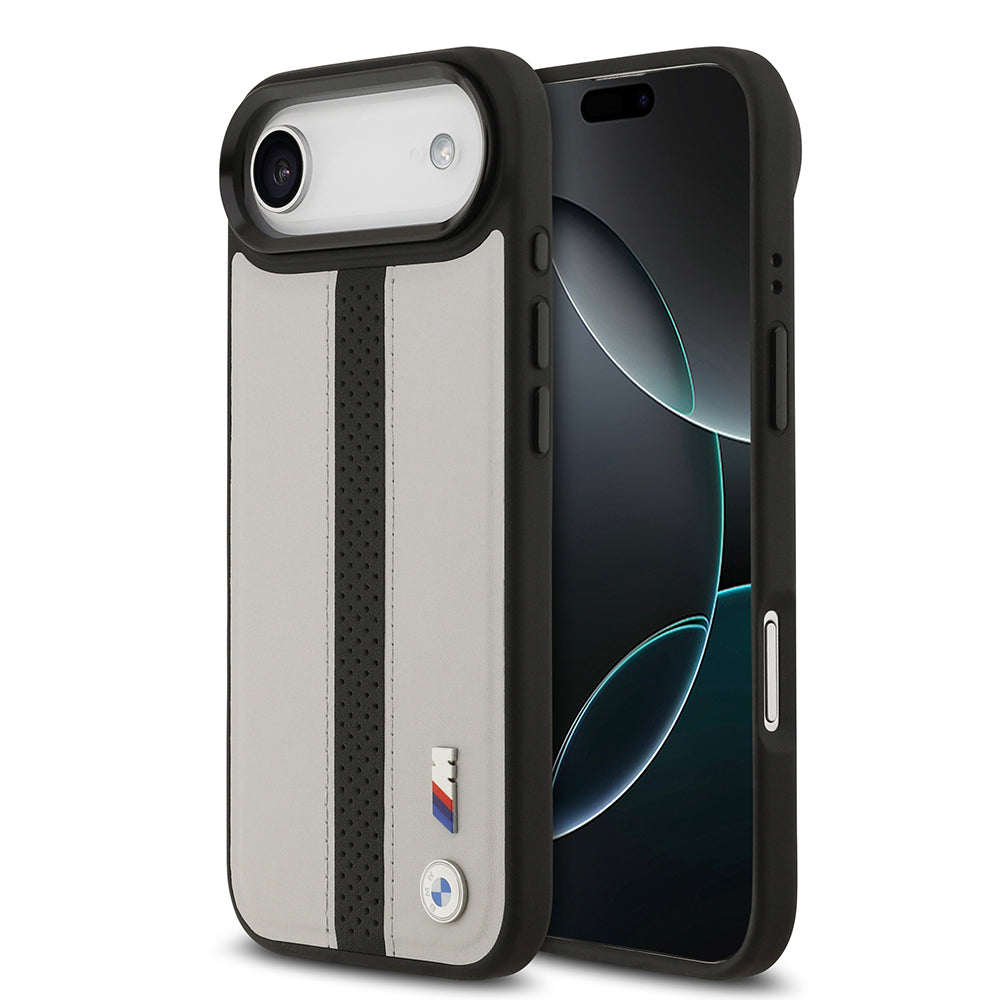 Apple iPhone 17 Air Kılıf BMW Orjinal Lisanslı M-safe Şarj Özellikli Deri Arka Yüzey Metal Logolu Delikli Şerit Tasarımlı Kapak