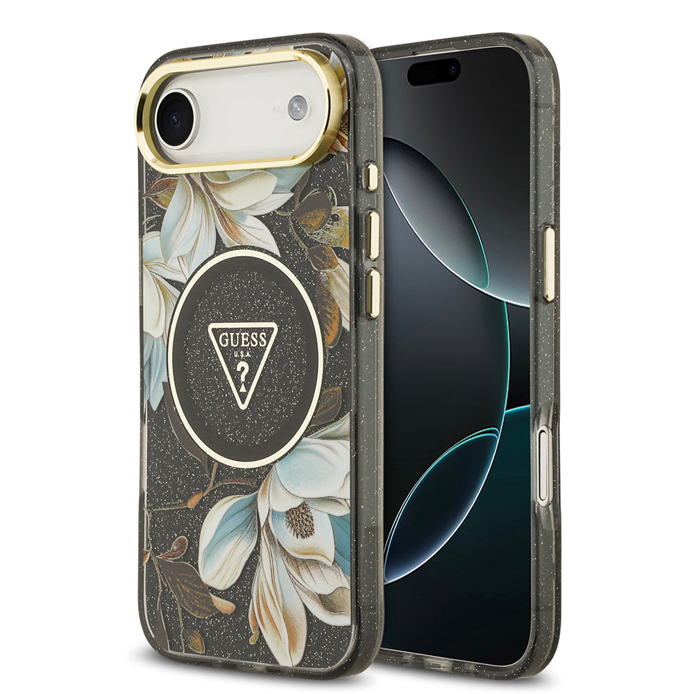 Apple iPhone 17 Air Kılıf Guess Orjinal Lisanslı M-safe Şarj Özellikli Simli Çiçek Desenli Metal Kamera Çerçeveli Üçgen Logolu Kapak