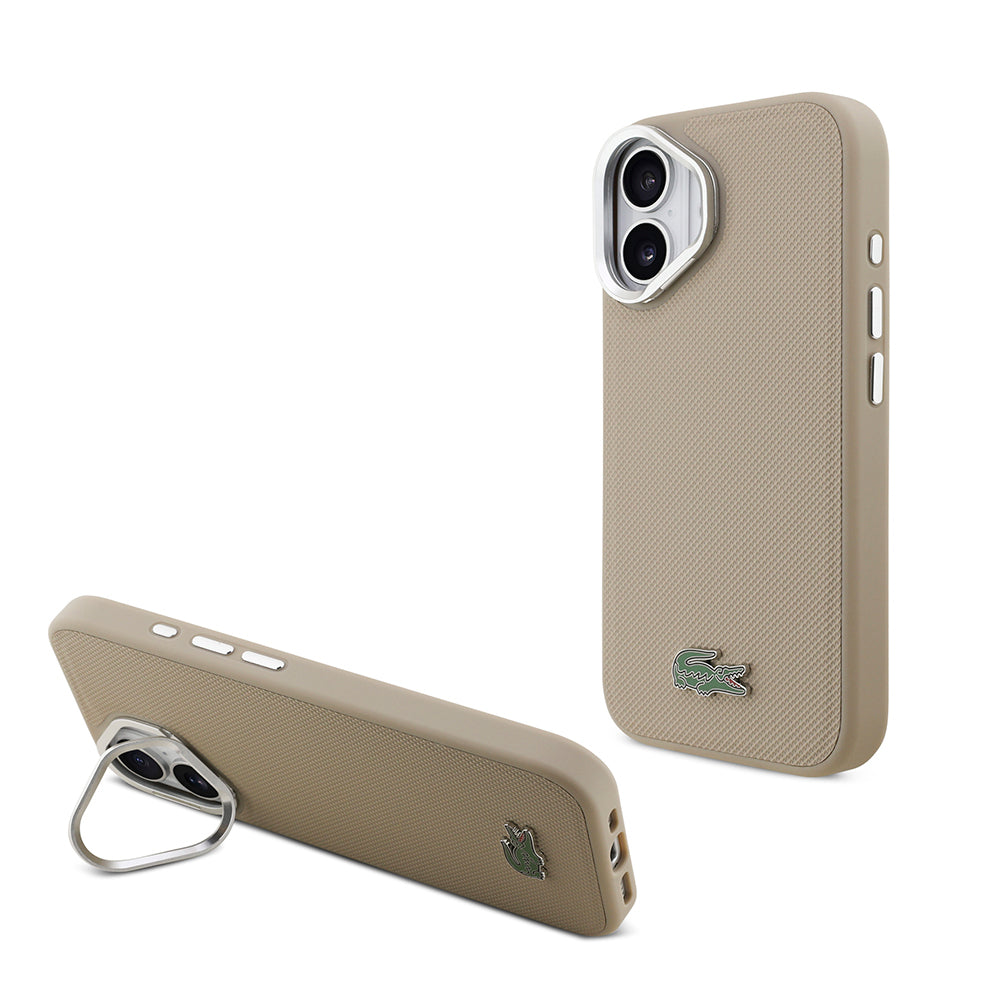 Apple iPhone 17 Kılıf Lacoste Orjinal Lisanslı M-safe Şarj Özellikli PU Pike Desenli Standlı Metal Logolu Kapak