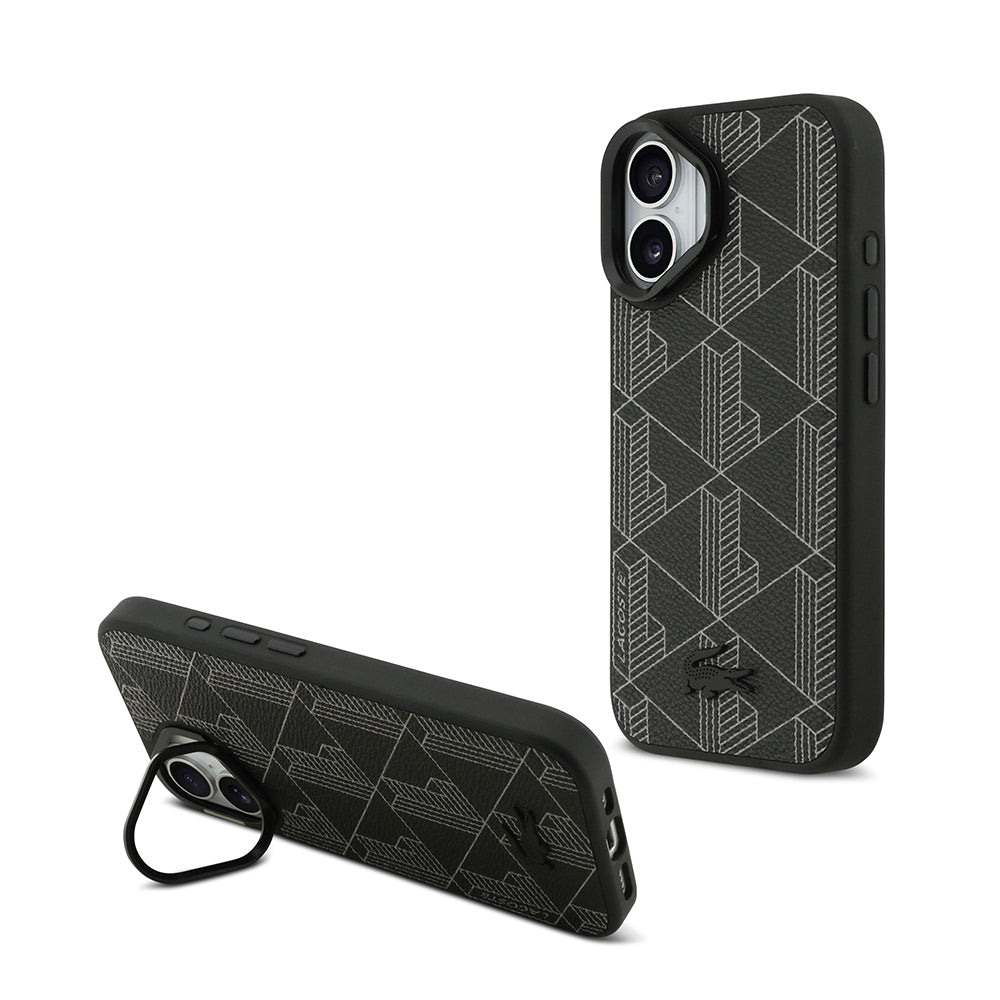 Apple iPhone 17 Kılıf Lacoste Orjinal Lisanslı M-safe Şarj Özellikli Standlı PU Deri Karışık Monogram Desenli Kapak