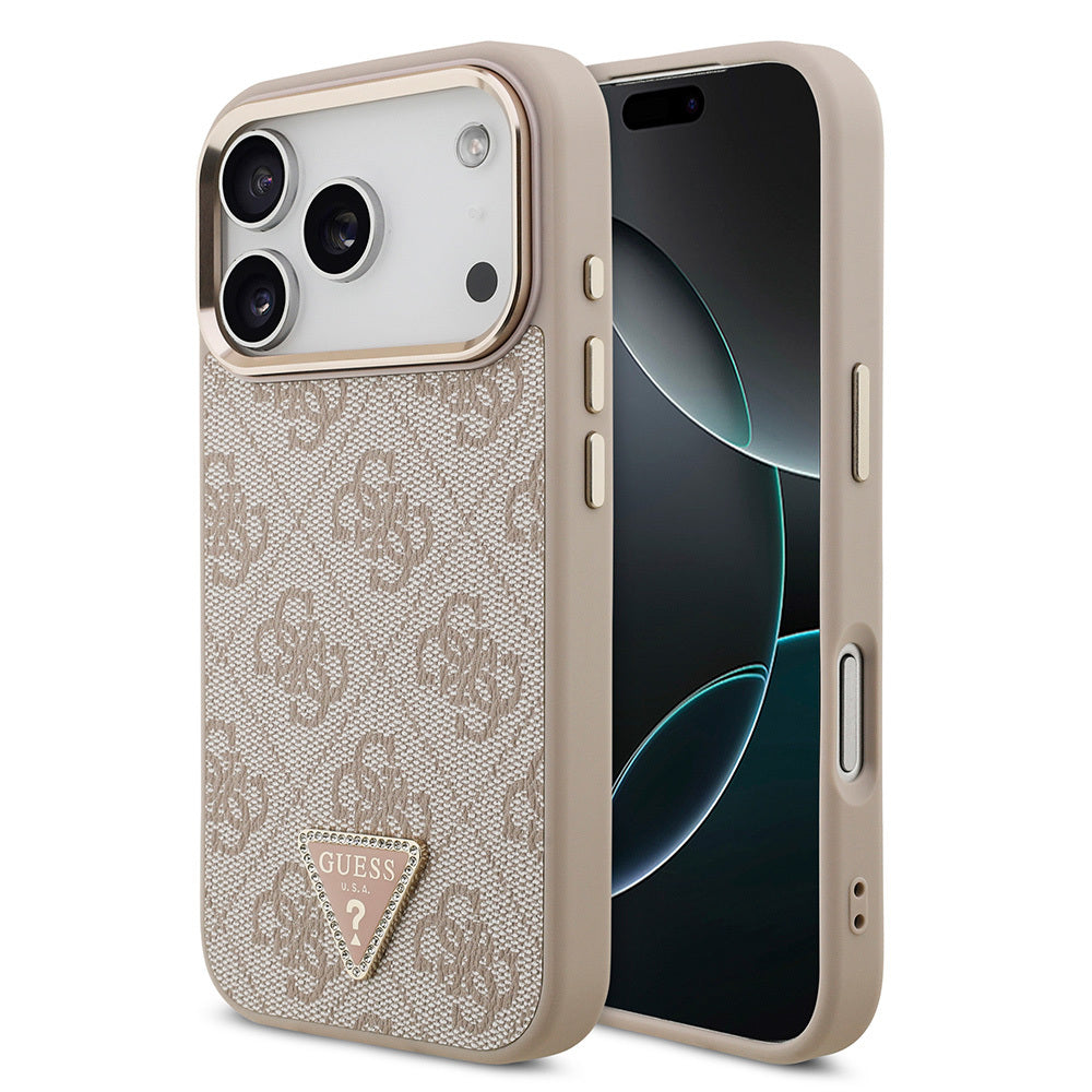 Apple iPhone 17 Pro Kılıf Guess Orjinal Lisanslı M-safe Şarj Özellikli Gold Metal Kamera Çerçeveli Taşlı Üçgen Logo 4G Desenli Kapak