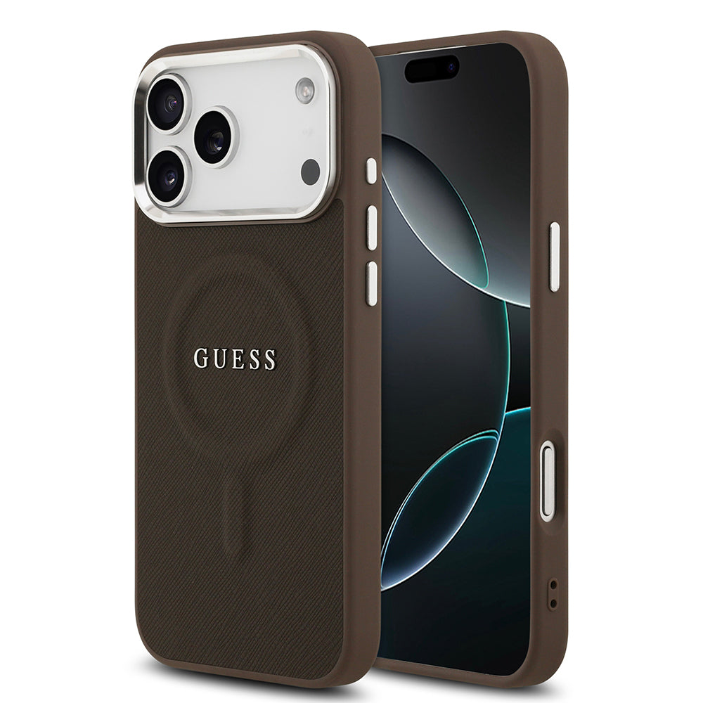Apple iPhone 17 Pro Kılıf Guess Orjinal Lisanslı M-safe Şarj Özellikli Klasik Yazı Logolu PU Deri Kapak